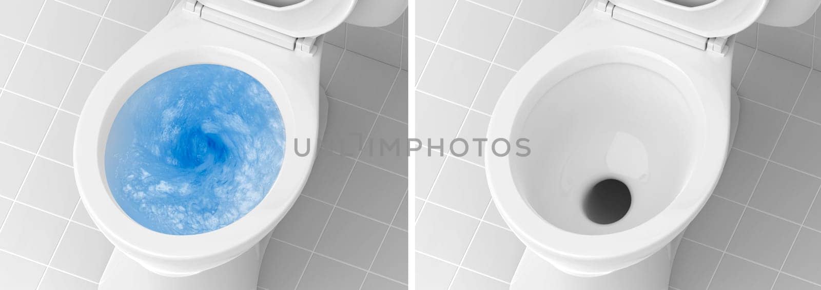 Top view of toilet bowl, blue detergent flushing in it and toilet bowl in the bathroom
