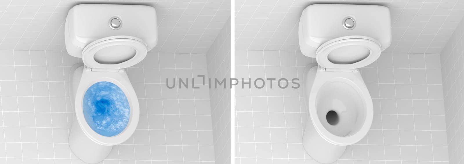Top view of toilet bowl, blue detergent flushing in it and toilet bowl in the bathroom