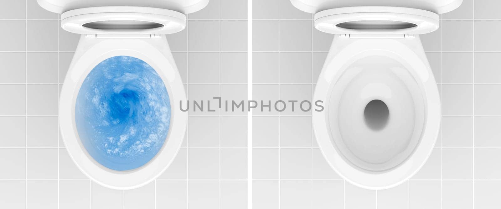 Top view of toilet bowl, blue detergent flushing in it and toilet bowl in the bathroom