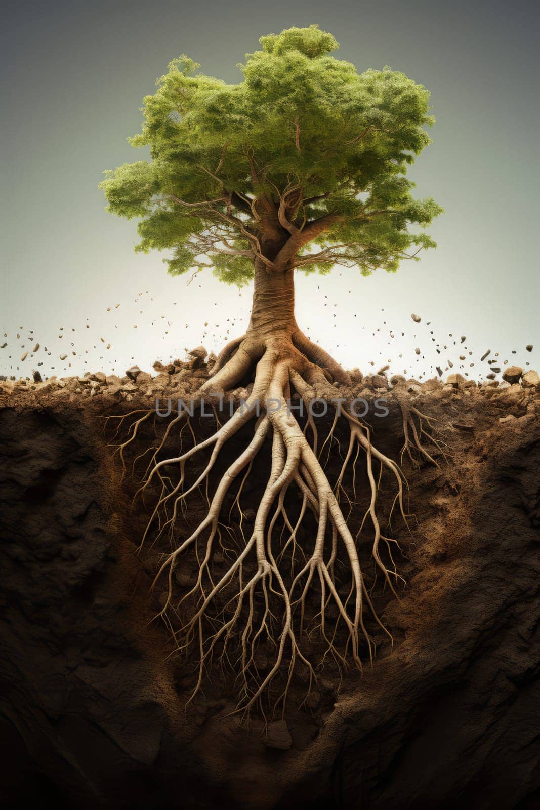 Section soil tree big root banner. Earth plant. Generate Ai