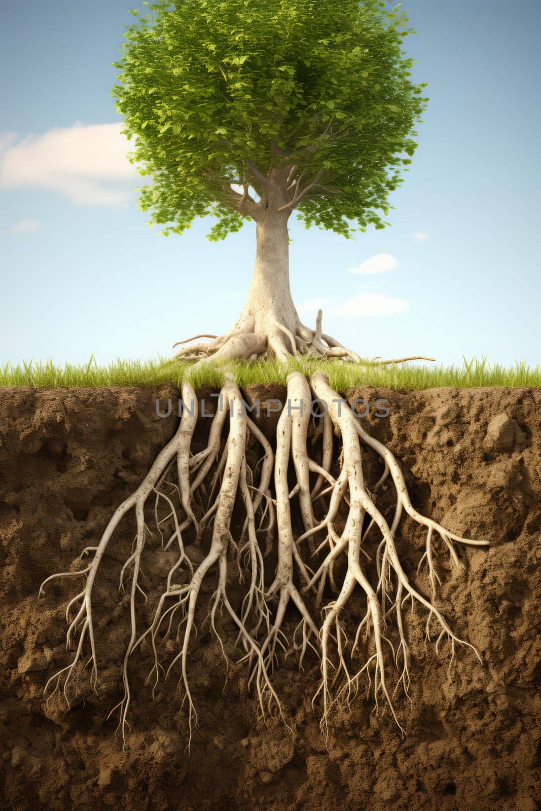 Section soil tree root banner summer time. Wood garden. Generate Ai