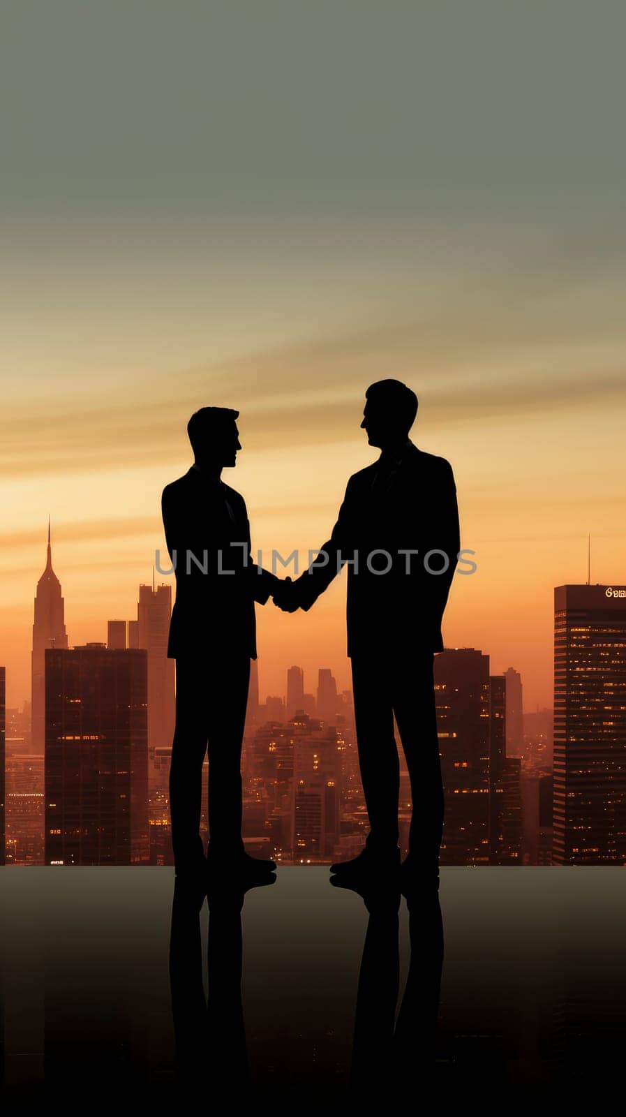 Two men shaking hands in front of a bustling city skyline, signifying a successful business deal.
