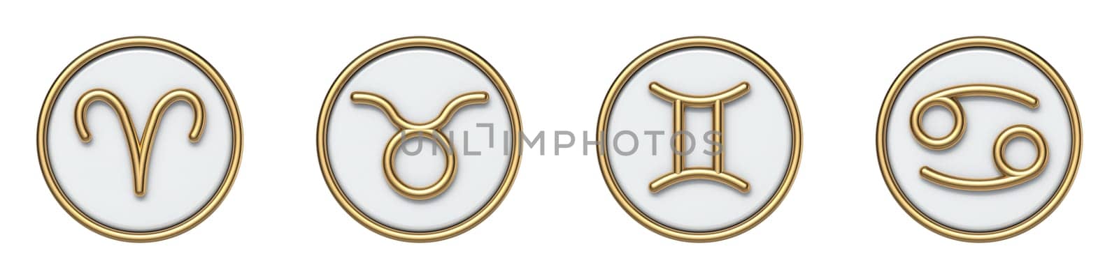 Golden zodiac signs Ram Bull Twins Crab 3D rendering illustration isolated on white background