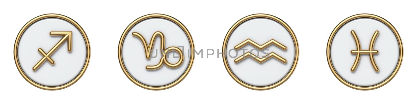 Golden zodiac signs Archer Goat Water Bearer Fish 3D rendering illustration isolated on white background