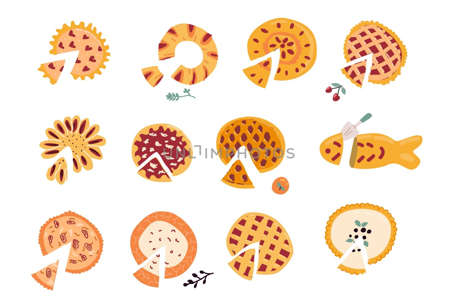 Hand drawn sliced pie set with different shapes. Vector illustration isolated. Set of pie with berry fruit, onion, cheese feeling. Cartoon style.