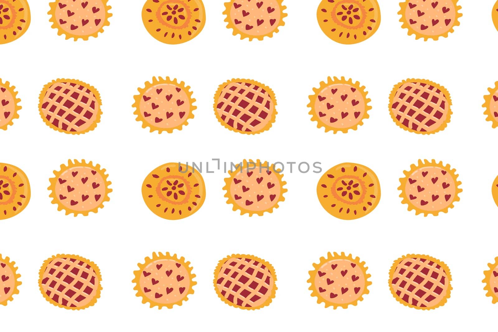 hand drawn cartoon pattern with various pie, top view. Vector illustration can used for poster, bakery background, greeting card.
