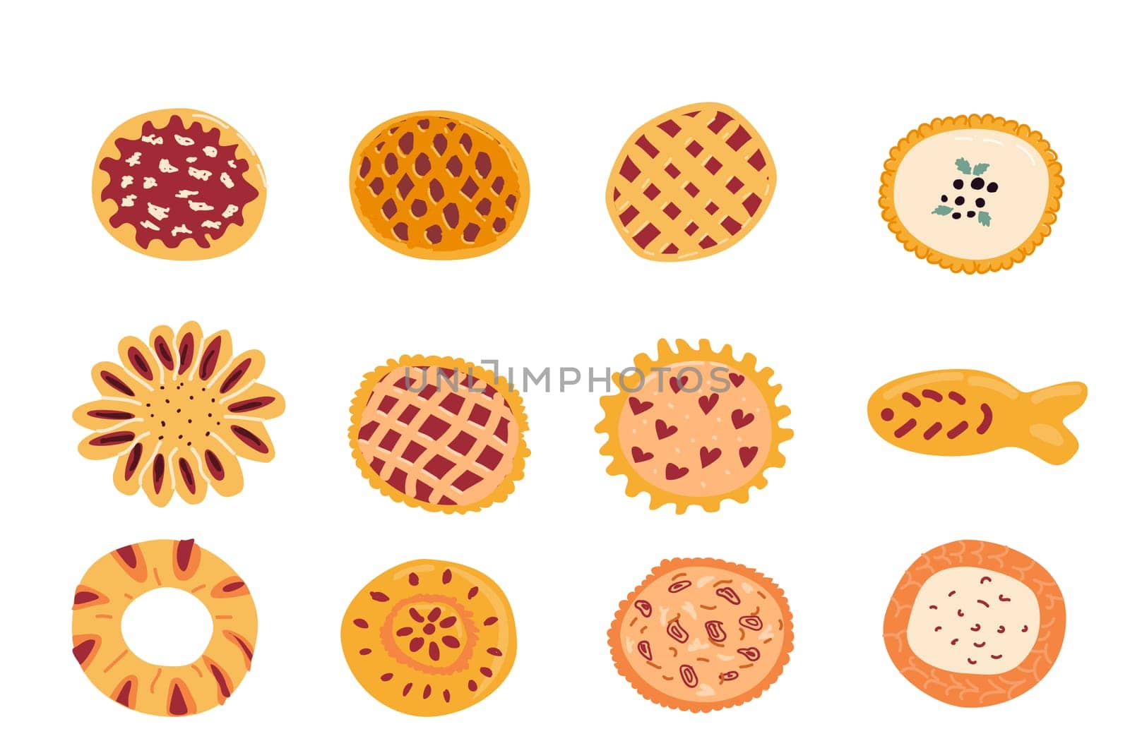 Hand drawn pie set with cheesecake, and berry pie, fish pie and onion pie, different shapes. Vector illustration isolated. Set of pie with berry fruit feeling, onion and fish feeling.