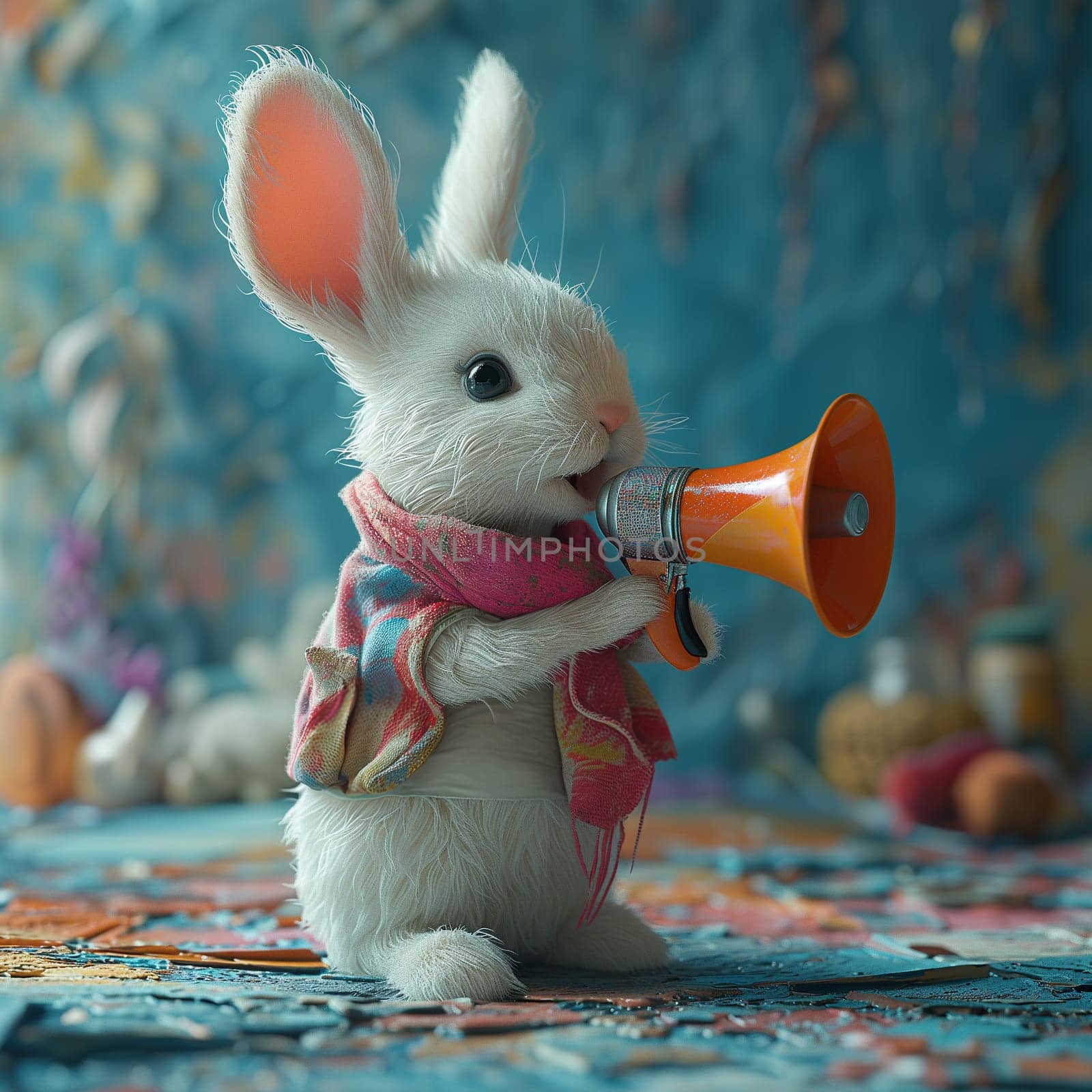 Easter bunny or rabbit with loudspeaker megaphone, advertising and marketing concept, social media, announce sale for holiday