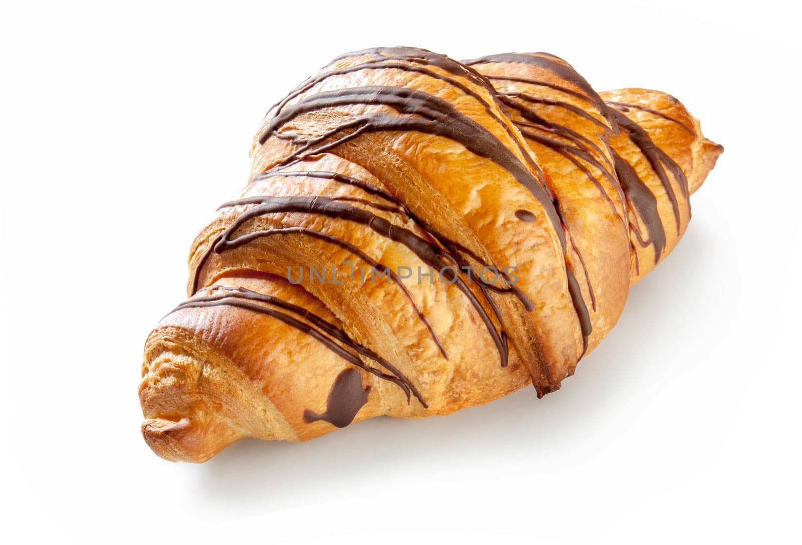 A golden brown croissant with a generous layer of chocolate filling, creating a symphony of flavors and textures. The croissant's flaky exterior gives way to a rich, decadent filling, creating a delightful contrast. The chocolate stripes on top add a touch of elegance and visual appeal, making this croissant a irresistible temptation.
