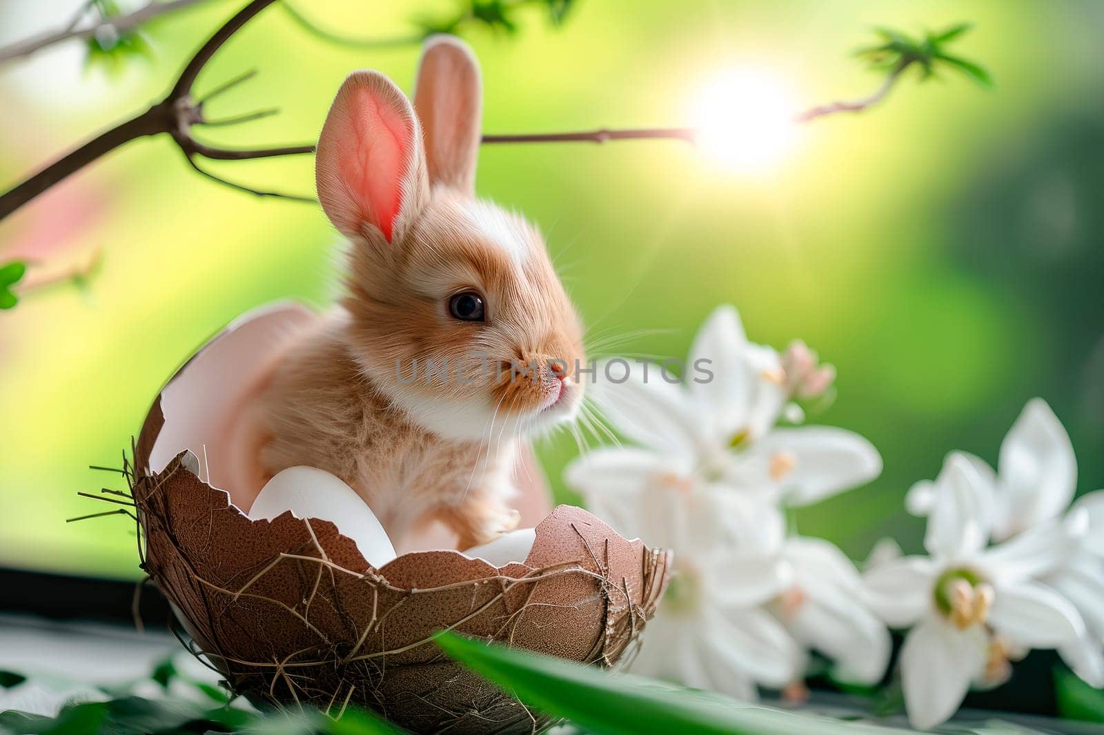Happy Easter holiday background. Cute miniature  rabbit in egg shell with easter egg elements and spring flowers.