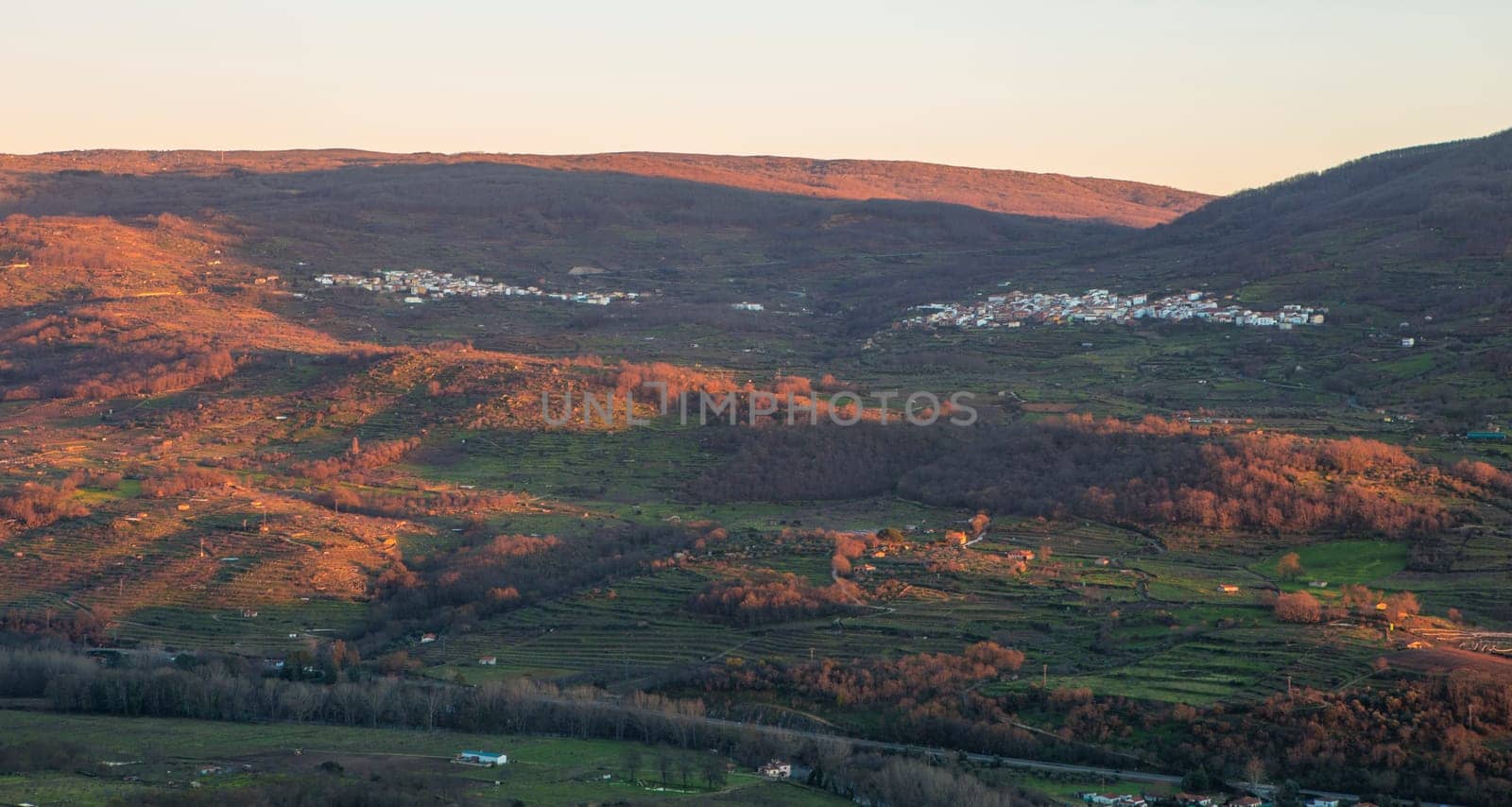 Casas del Castanar and Cabrero villages view from Mirador de la Memoria viewpoint. El Torno, Caceres, Spain