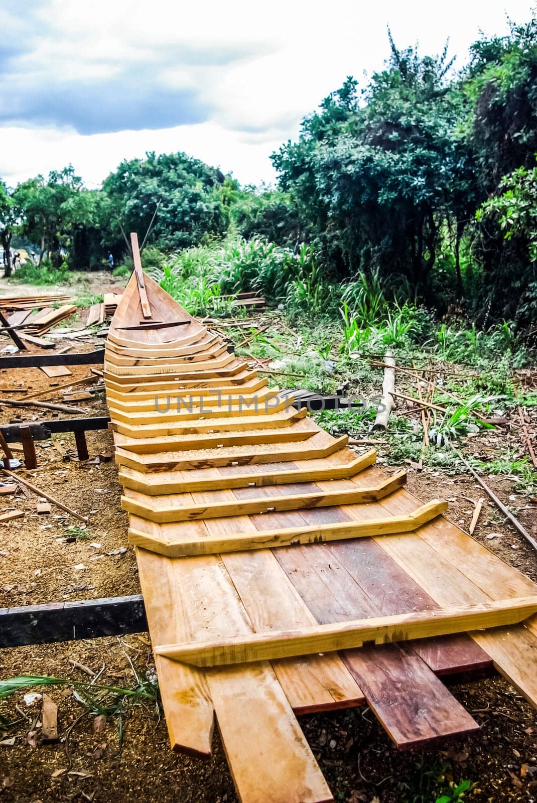 Construction of a new fishing wooden boat in Thailand. Wooden boat