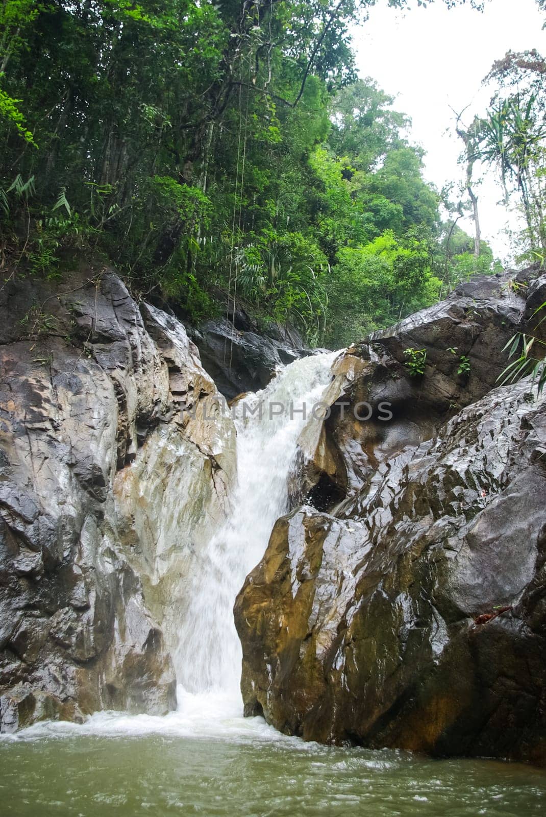 Mountain river with a waterfall. Flowing mountain river natural landscape.
