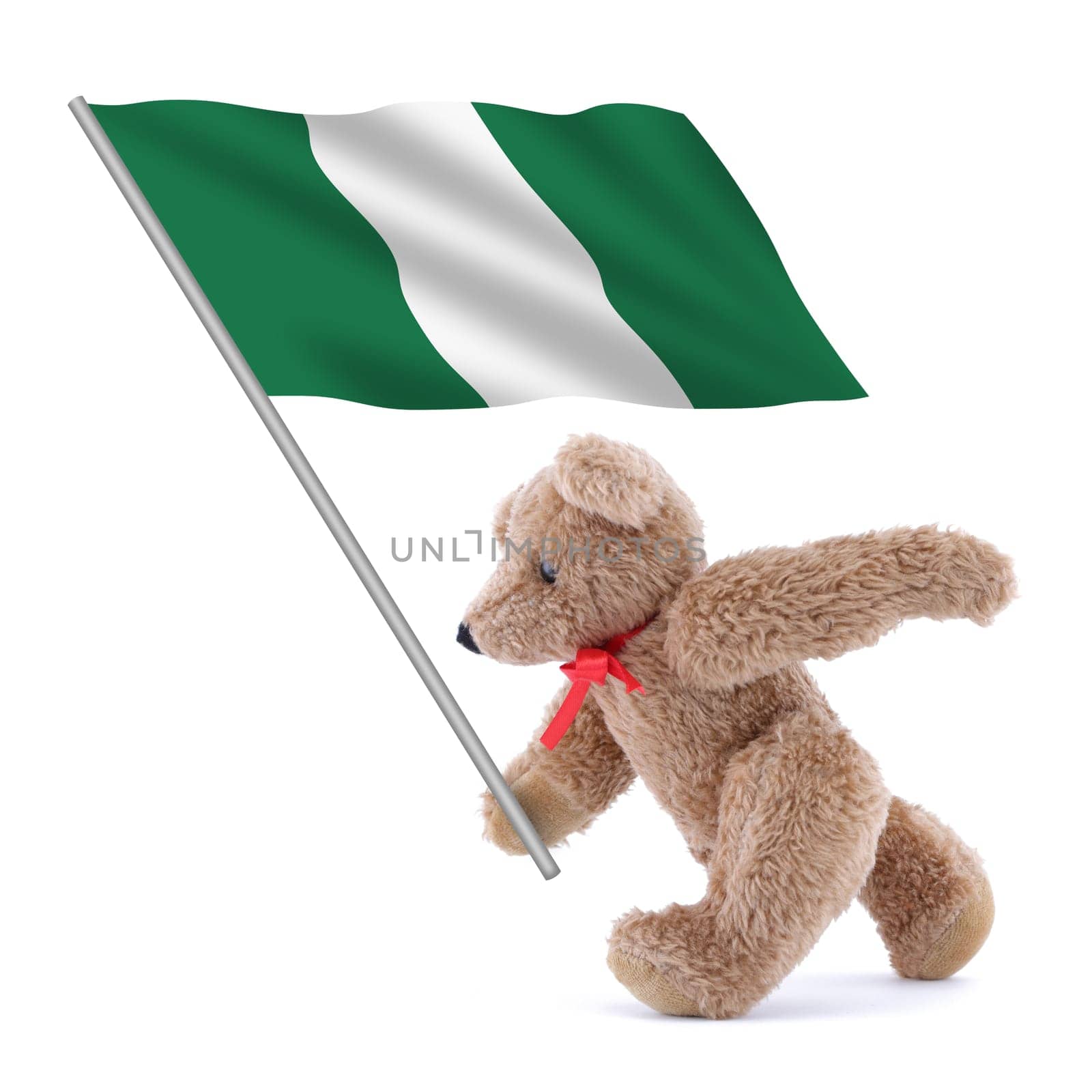A Nigeria flag being carried by a cute teddy bear