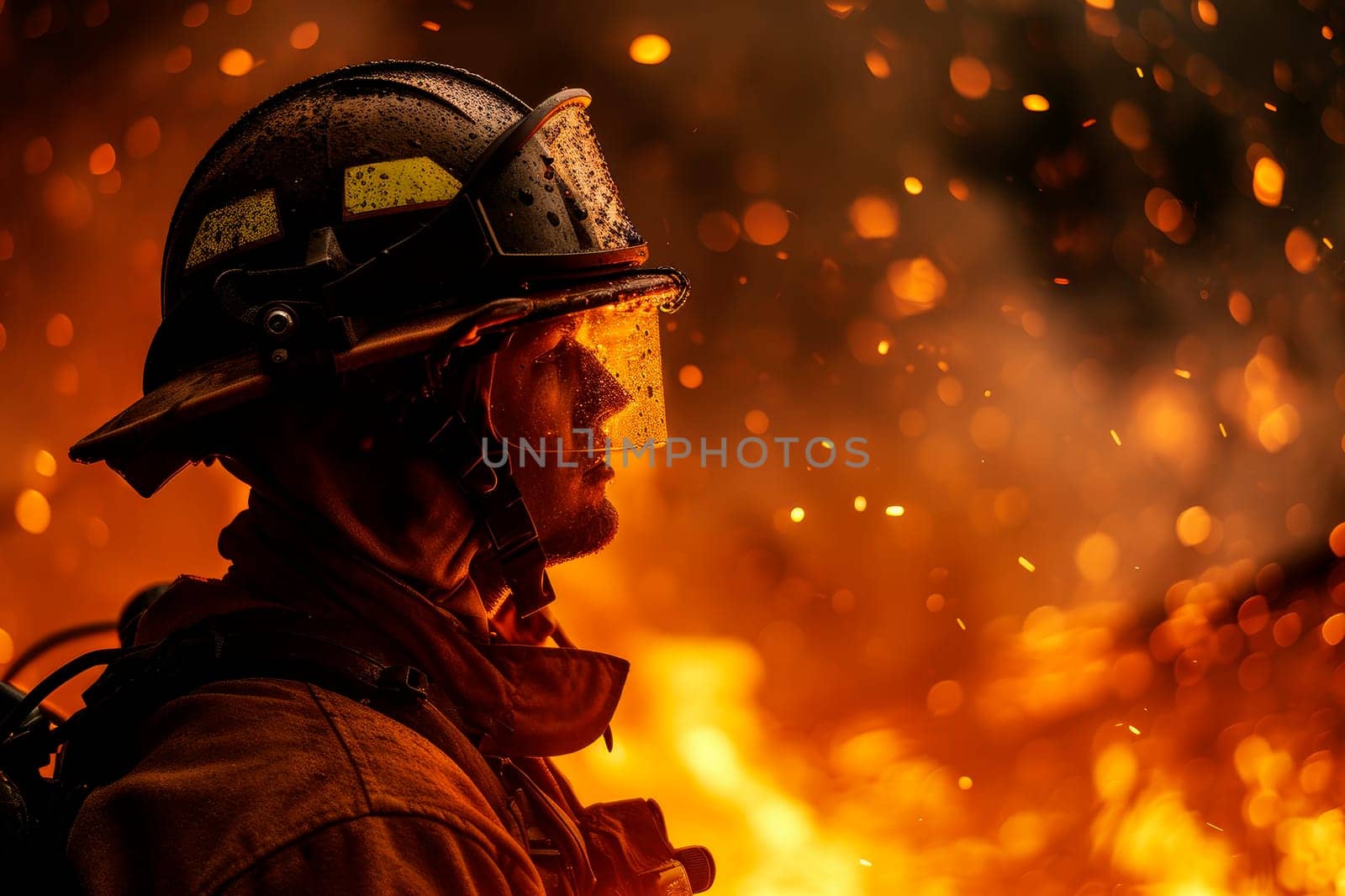 A heroic firefighter battling a raging wildfire. The firefighter is in full gear, with a determined expression seen through the helmet visor. AI generated