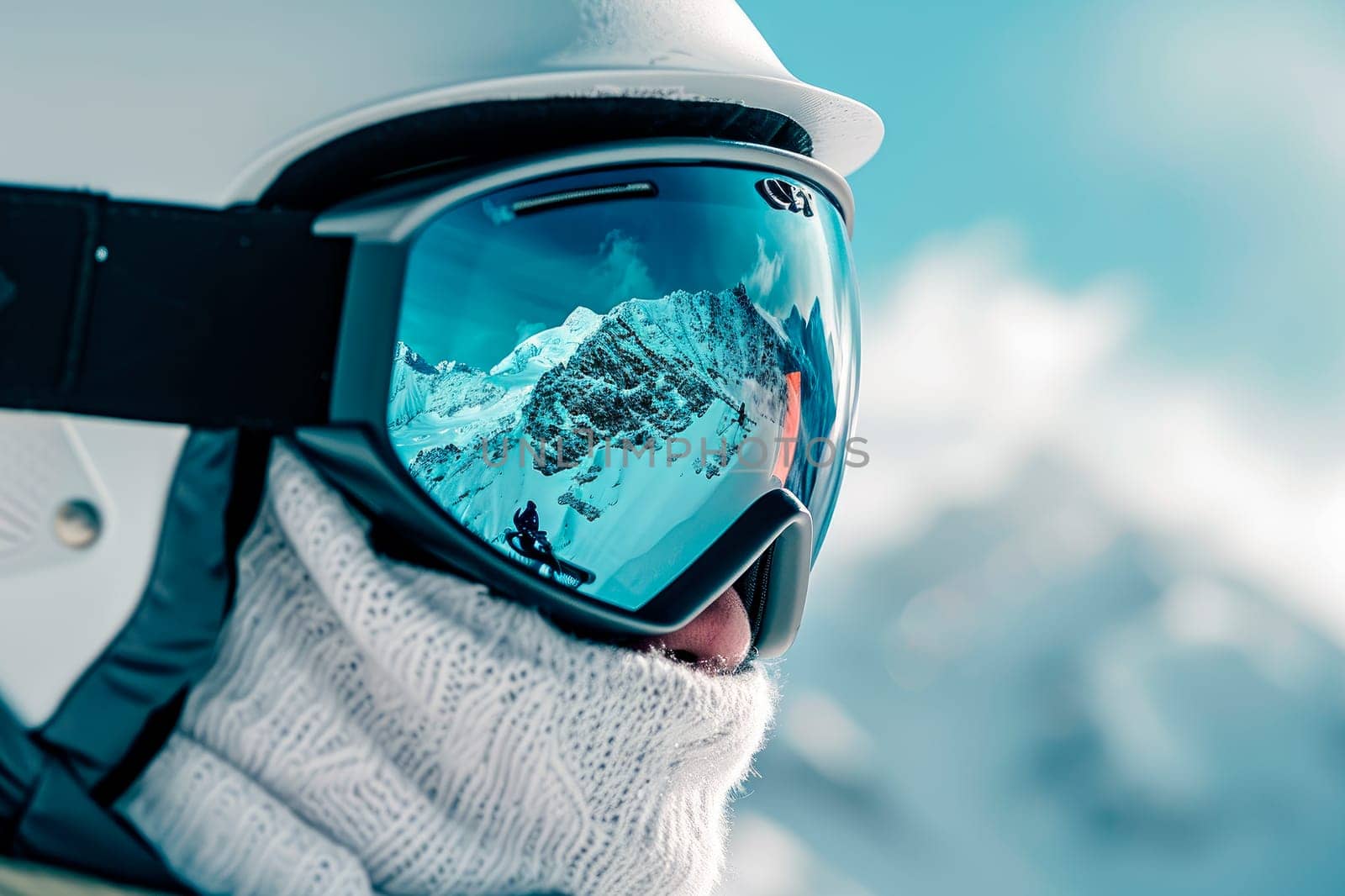 Close up of snowboarder mask in which you can see the reflection of beautiful snow-capped mountains. Wearing ski glasses. Winter Sports. AI generated