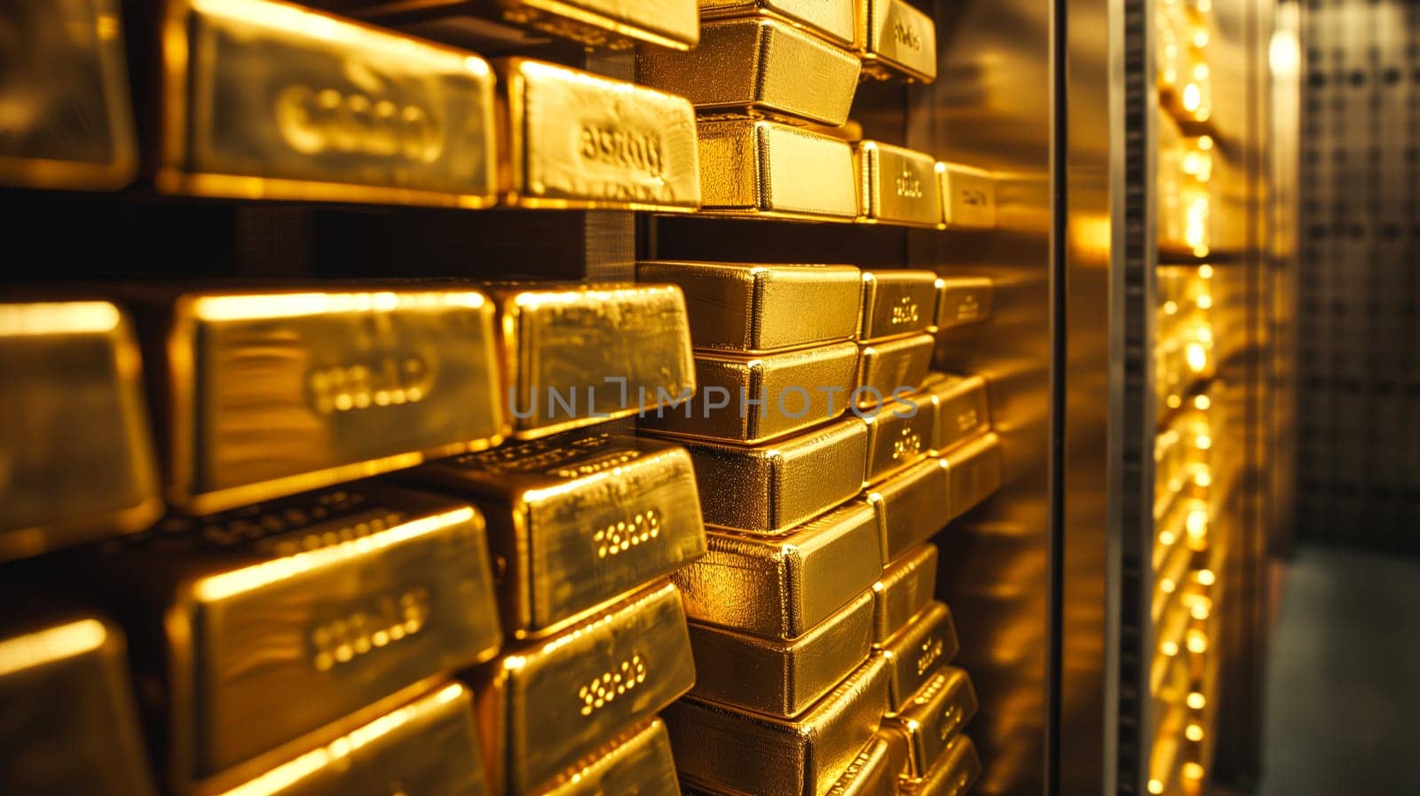 background of gold bars stored inside a bank vault. generated by ai