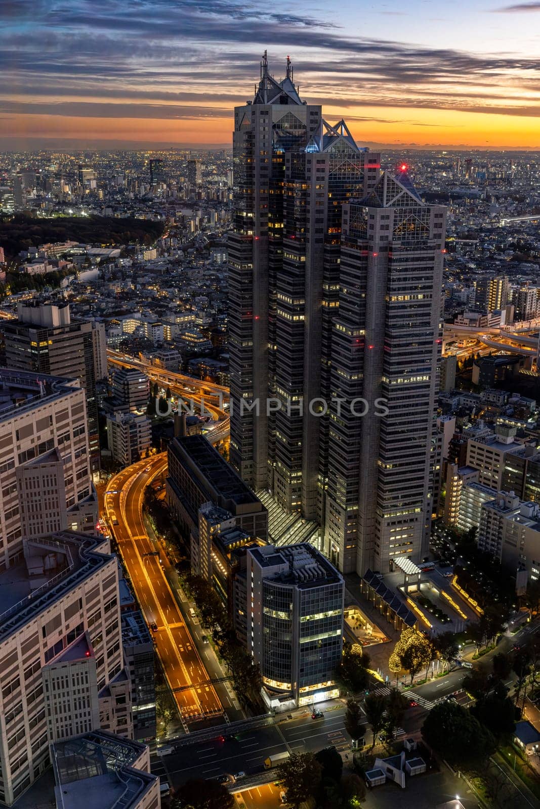 TOKYO/JAPAN - November 22 2023:aerial view of tokyo city at sunset