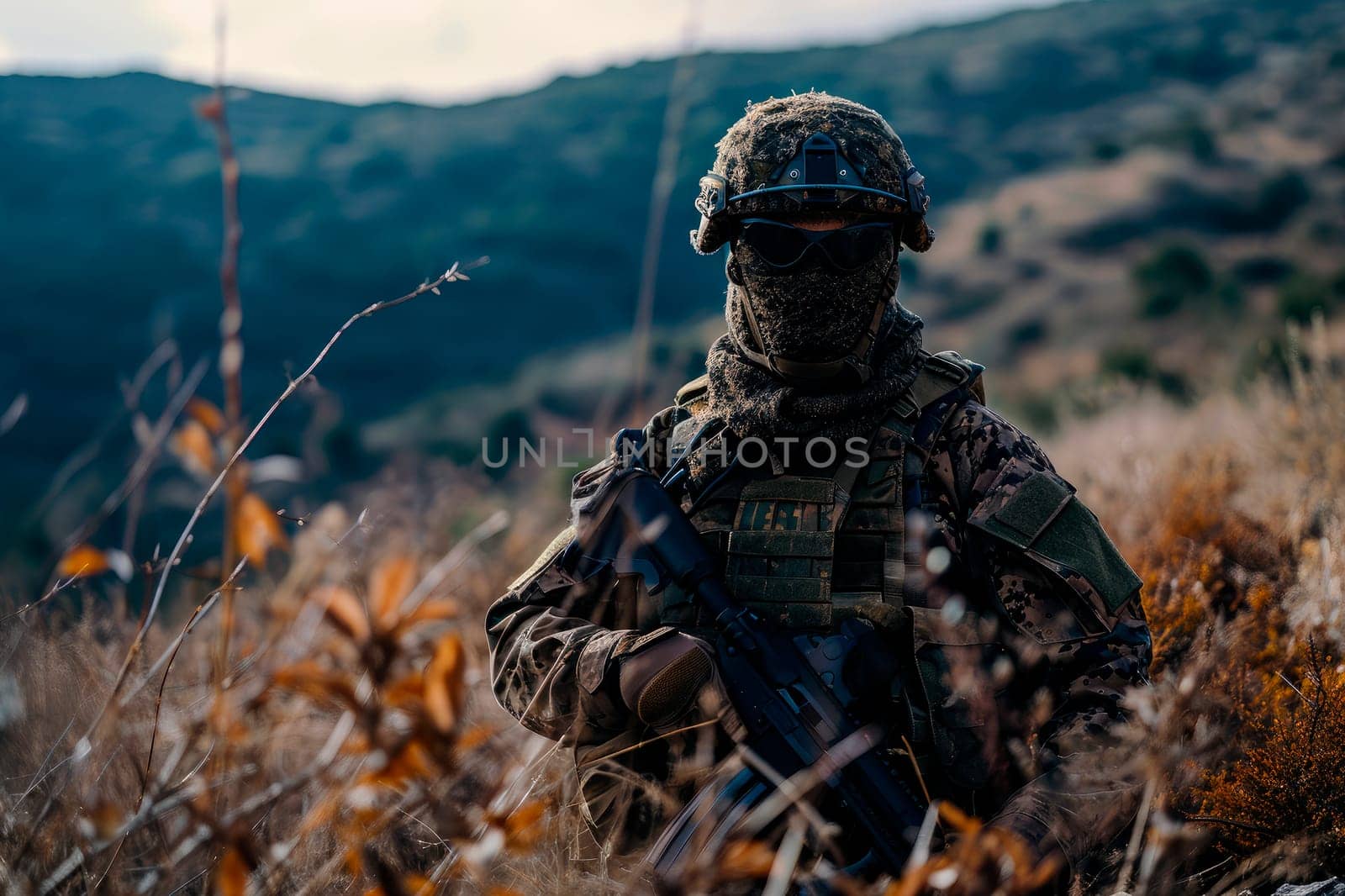 A masked military marine, fully equipped, dispatched in the bushes on a mountain. Soldier in a defensive position on the nature background. AI generated