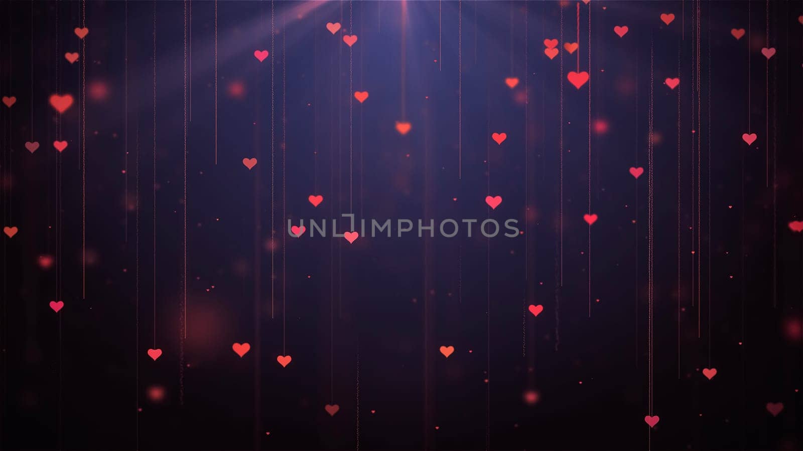 Heart raining with light background. Small hearts for Valentines Day, Mothers Day or wedding events on black background. Love and romance concept.