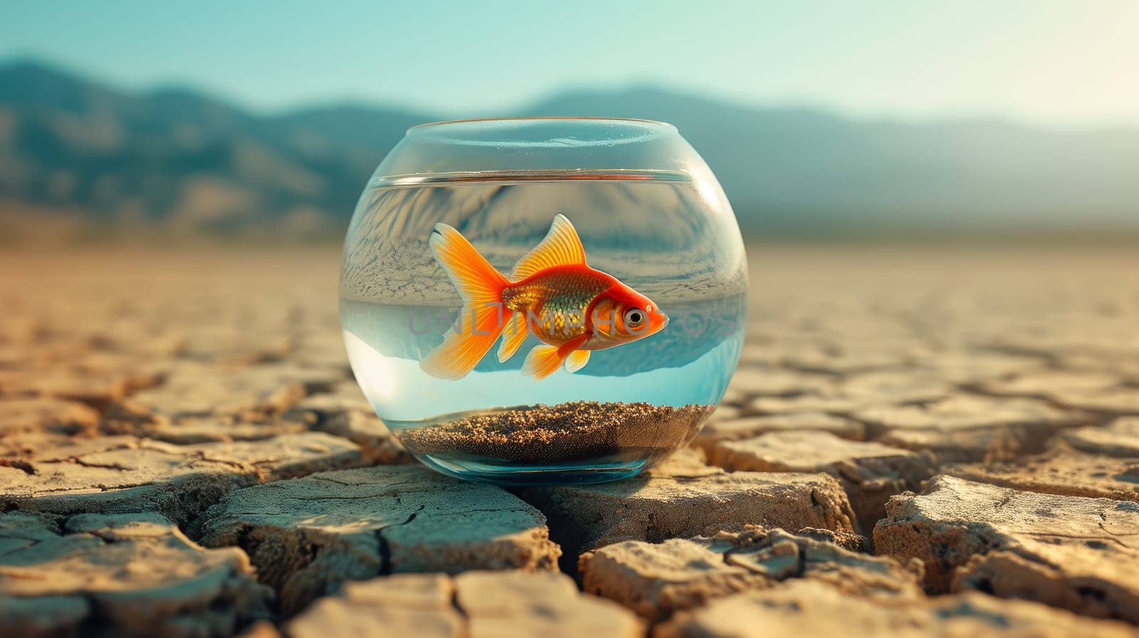 Goldfish in a glass fishbowl on a cracked soil of empty desert. The dry land on the aquarium and goldfish. AI generated