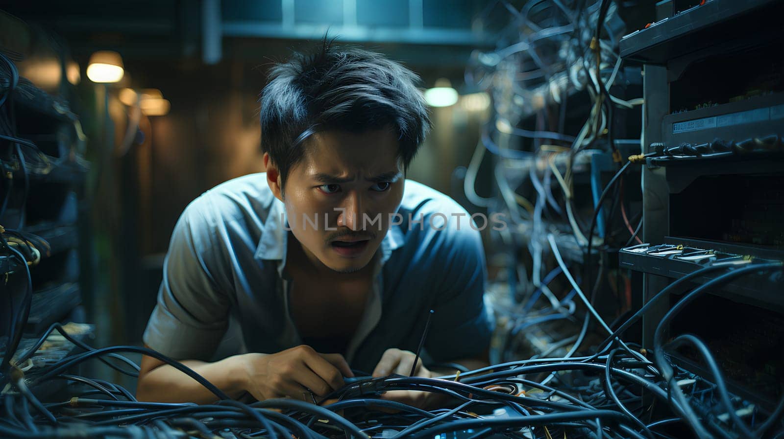 A young man computer technician looks stressed after having trouble with a server. It conveys that even the new generation of computer system administrator has problems that cannot be solved as well.