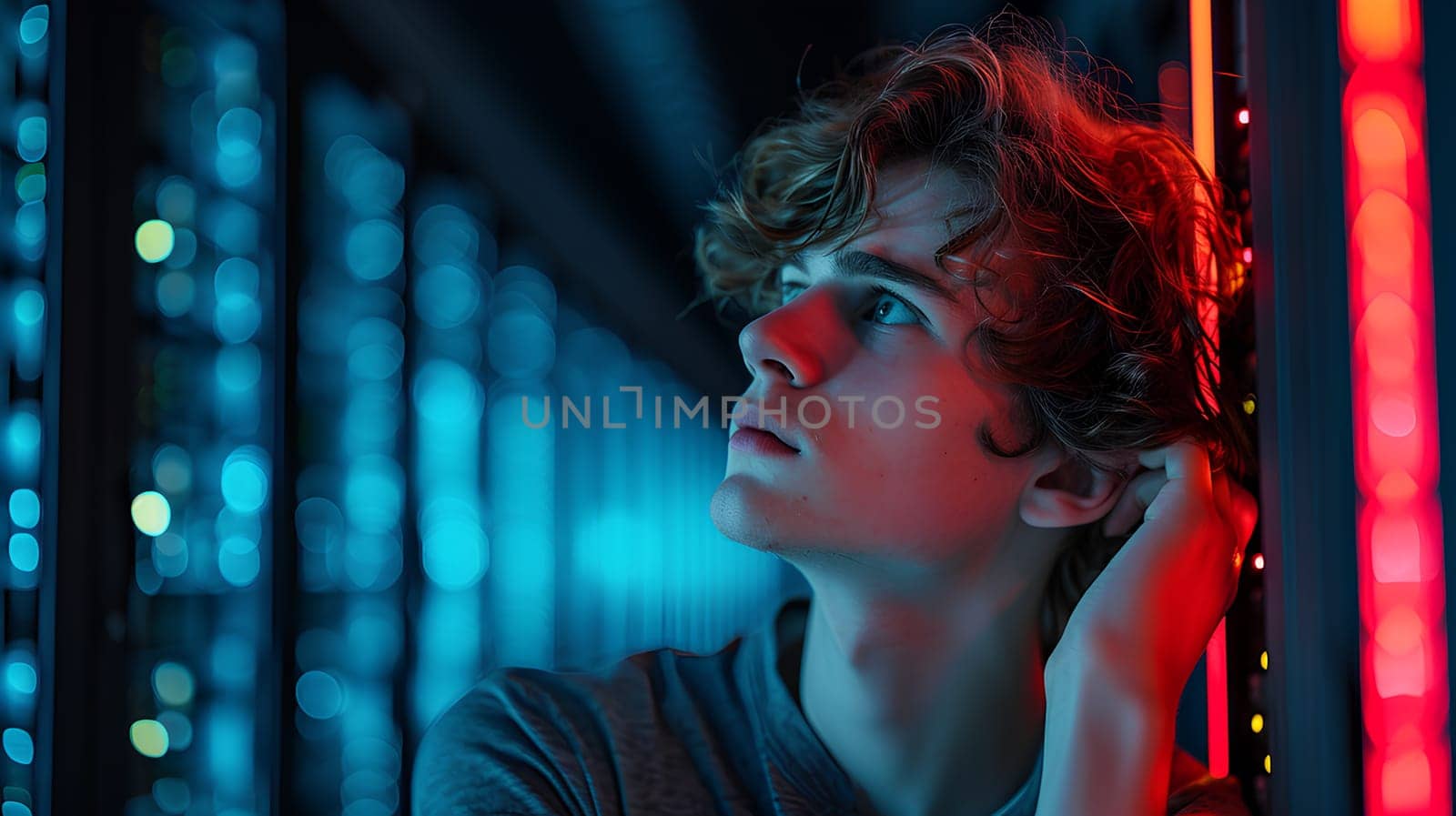 A young man computer technician looks stressed after having trouble with a server. It conveys that even the new generation of computer system administrator has problems that cannot be solved as well.