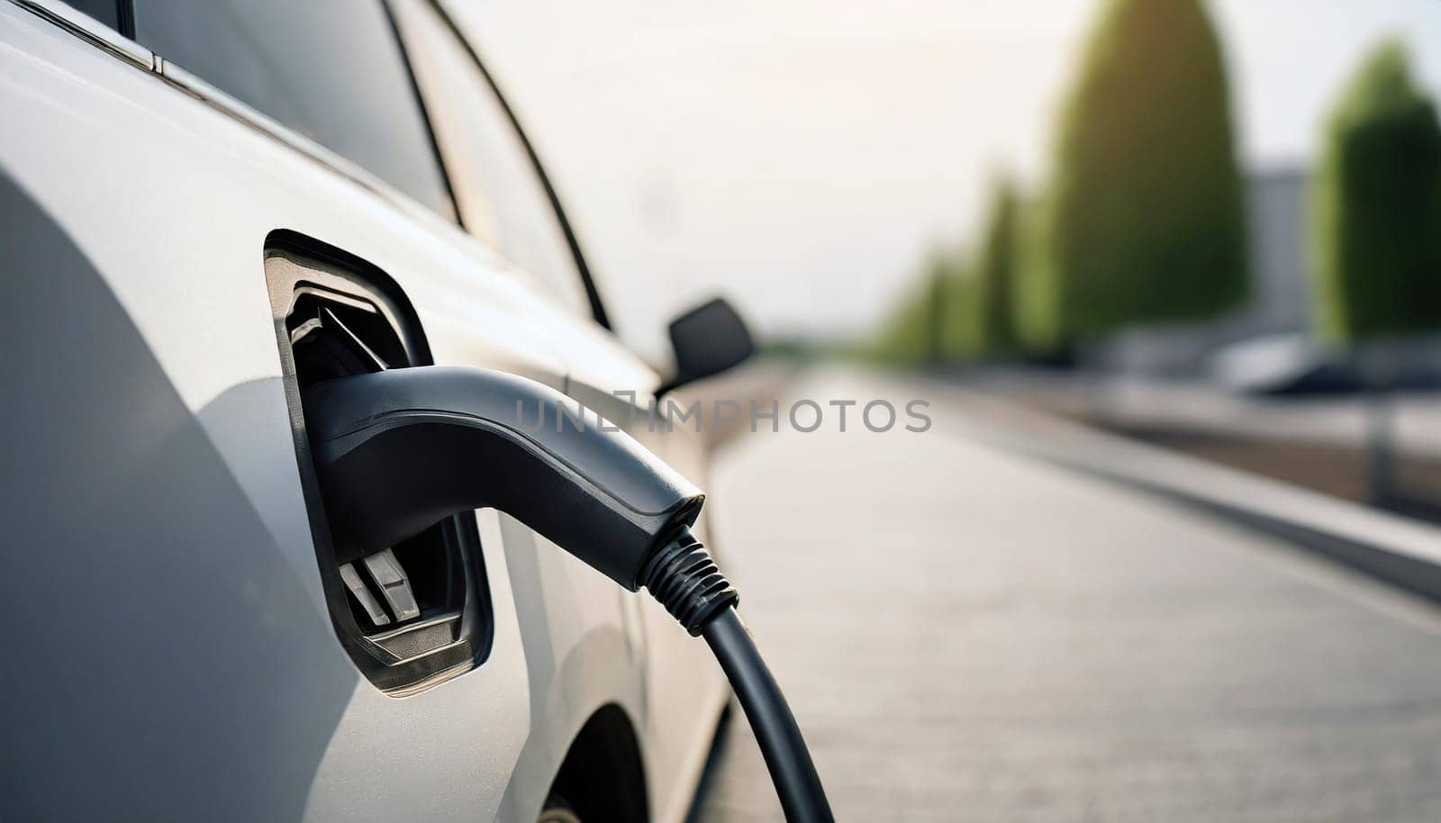 Charging an electric car at a charging station. Close-up. AI generated