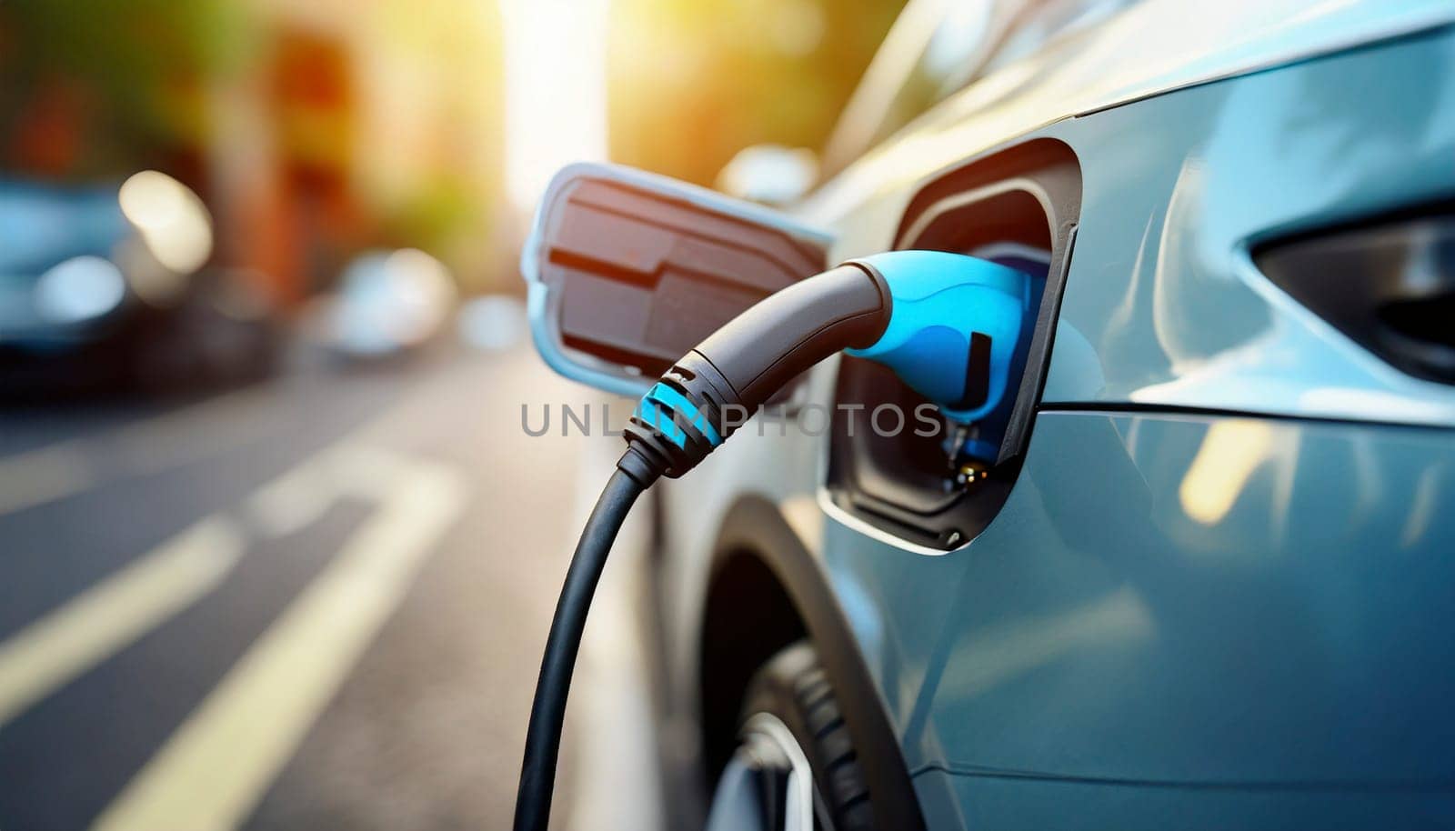 Charging an electric car at a charging station. Close-up. AI generated