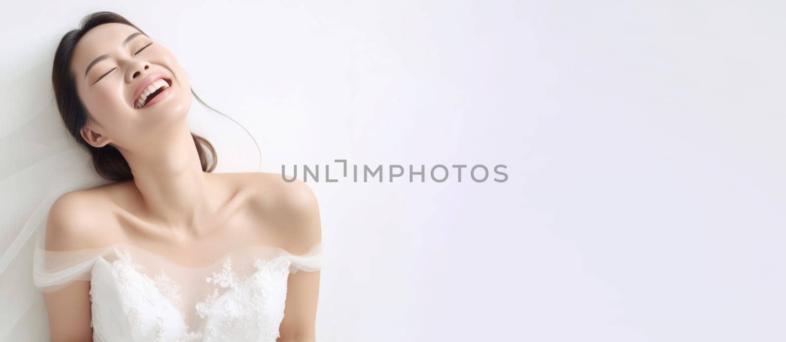 Bride smiling banner. Fashion woman. Generate Ai
