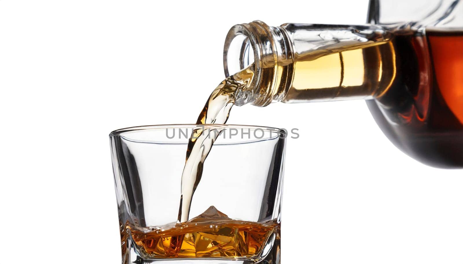 Whiskey being poured into a glass from a bottle on a white background. AI generated