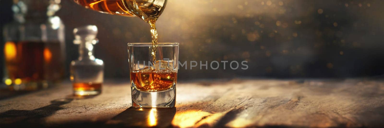 Pouring whiskey from bottle into glass on bar counter. AI generated