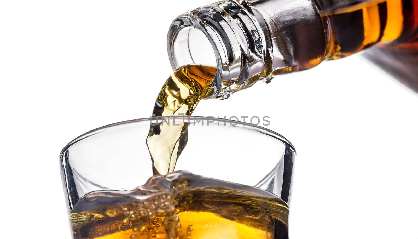 Whiskey being poured into a glass from a bottle on a white background. AI generated