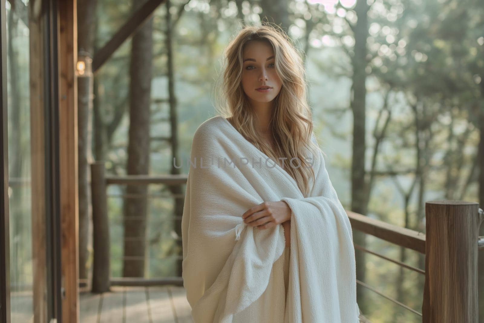 Beautiful woman wrapped in blanket standing on terrace of wooden house in the pine forest resort.