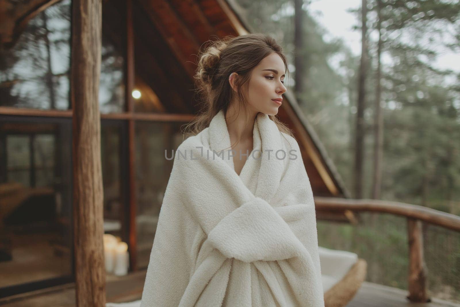 Beautiful woman wrapped in blanket standing on terrace of wooden house in the pine forest resort.