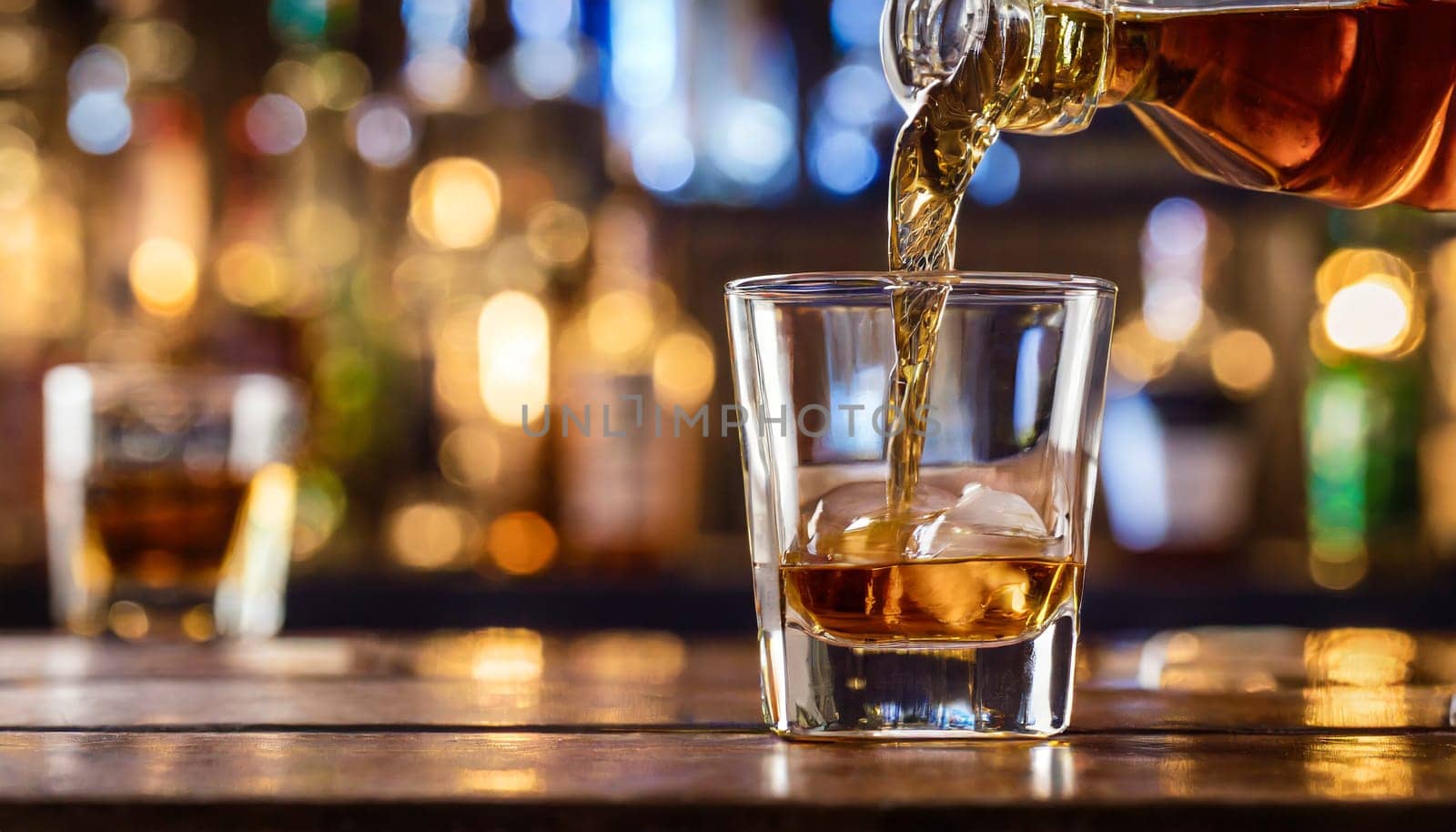 Pouring whiskey from bottle into glass on bar counter. AI generated