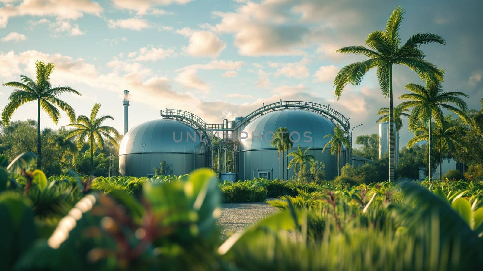 Modern biogas station or factory. Biogas plant. Sustainable energy in tropical climate