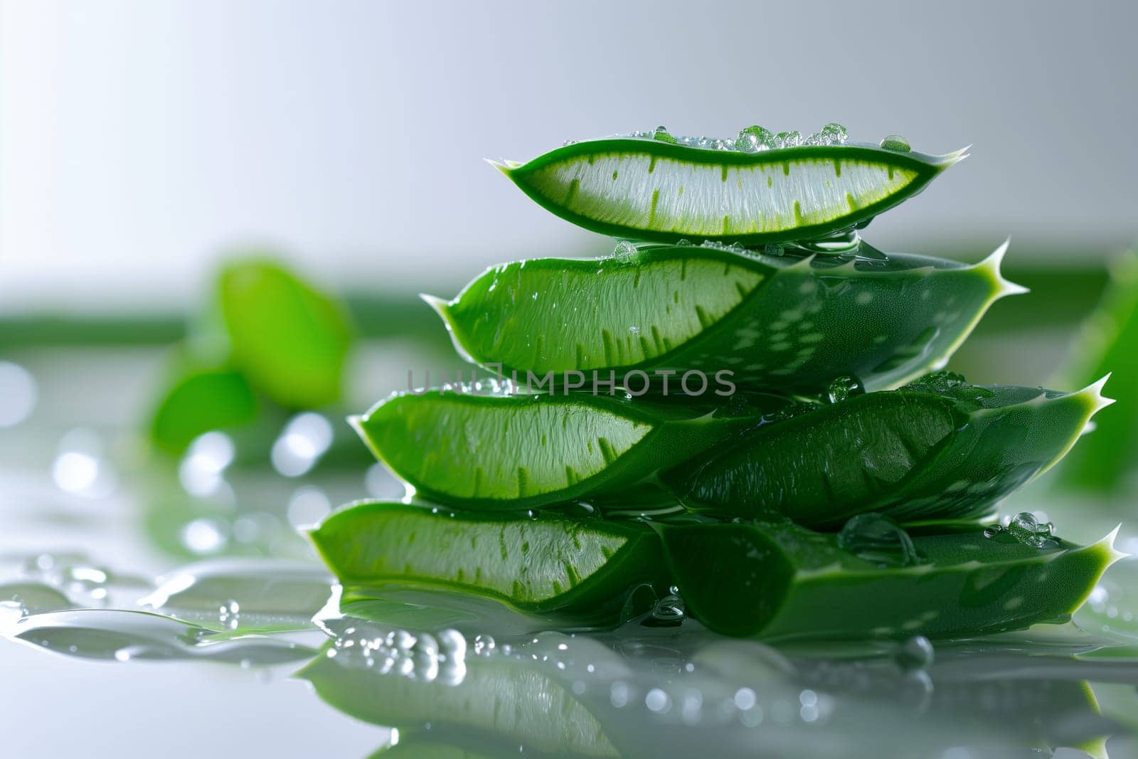 Stack of Aloe vera sliced with gel dripping.
