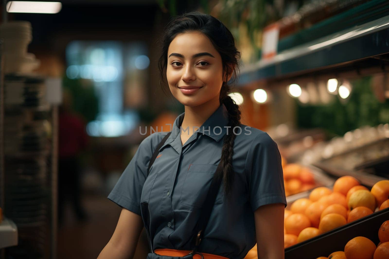 Asian Woman staff in apron working in grocery store. Business concept