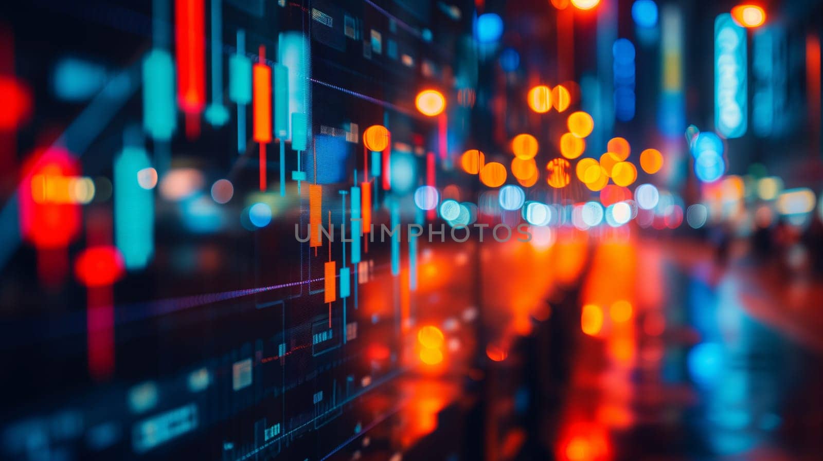 Display of Stock market chart quotes with blurred lights in bokeh