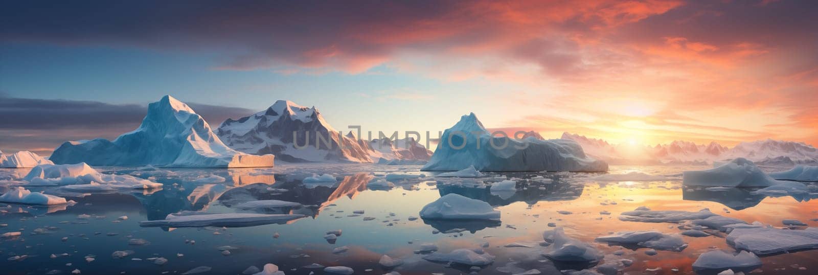 Iceberg at sunset, Arctic Pole landscape, panorama. Global warming