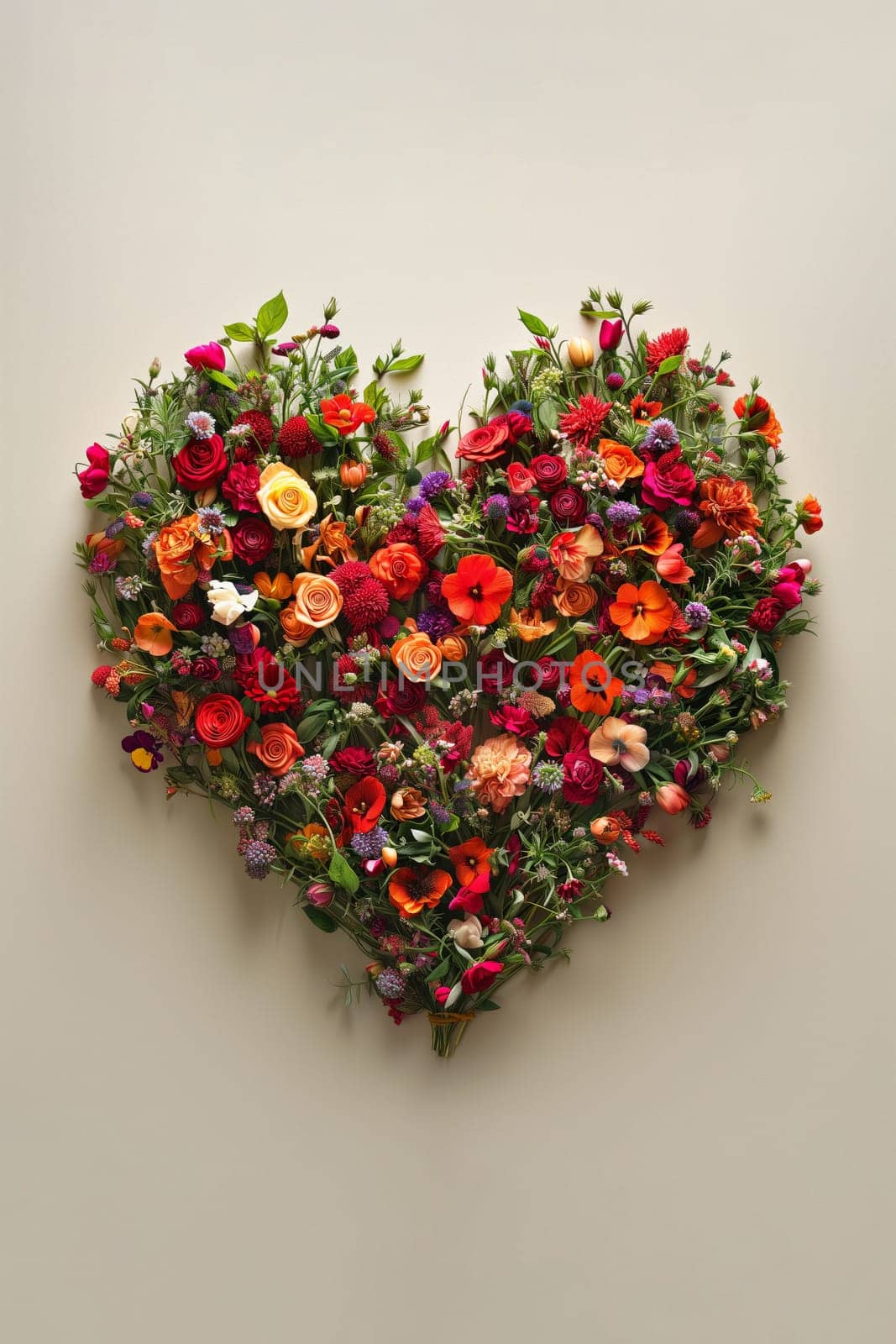 Heart of small roses on beige. Valentine's day card.