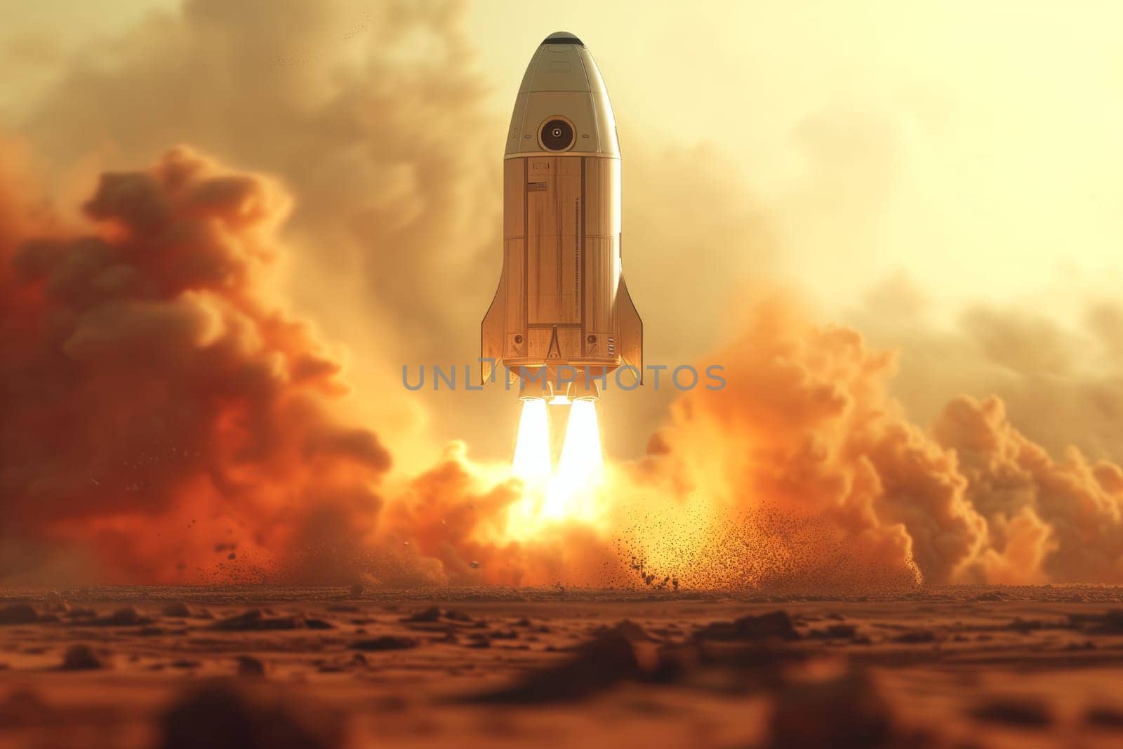 Rocket spacecraft take off from Mars. Launching with fire and smoke