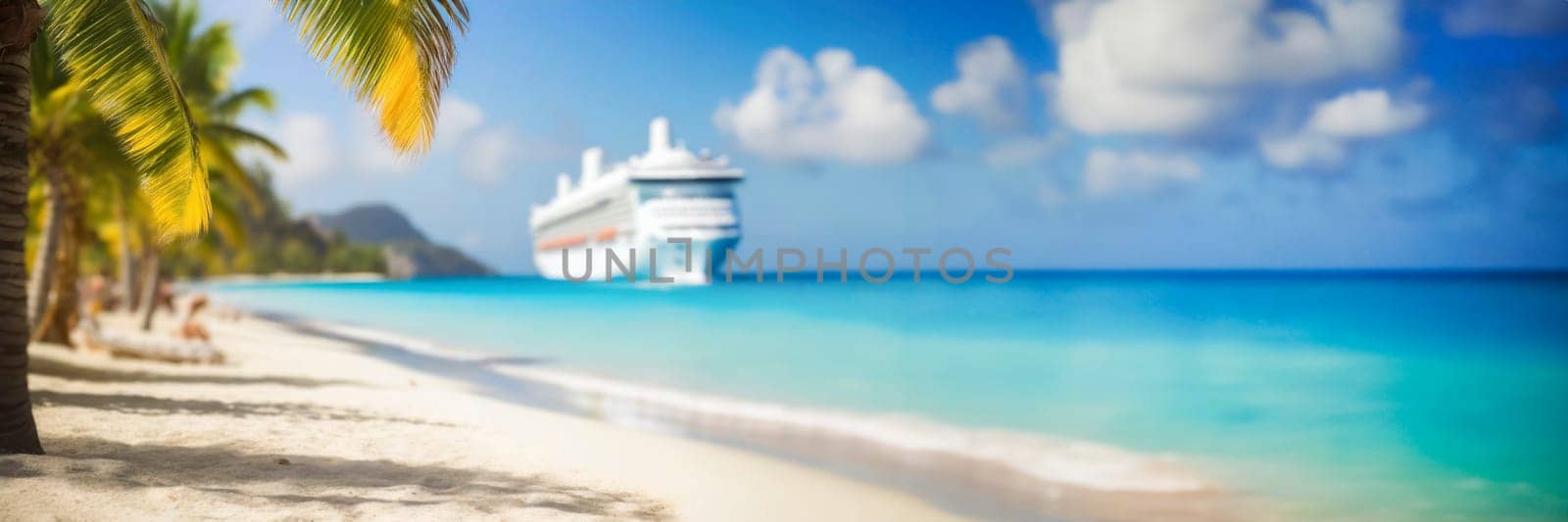 Cruise ship and palm tree on the beach in the tropics. Tropical island vacation concept. AI generated