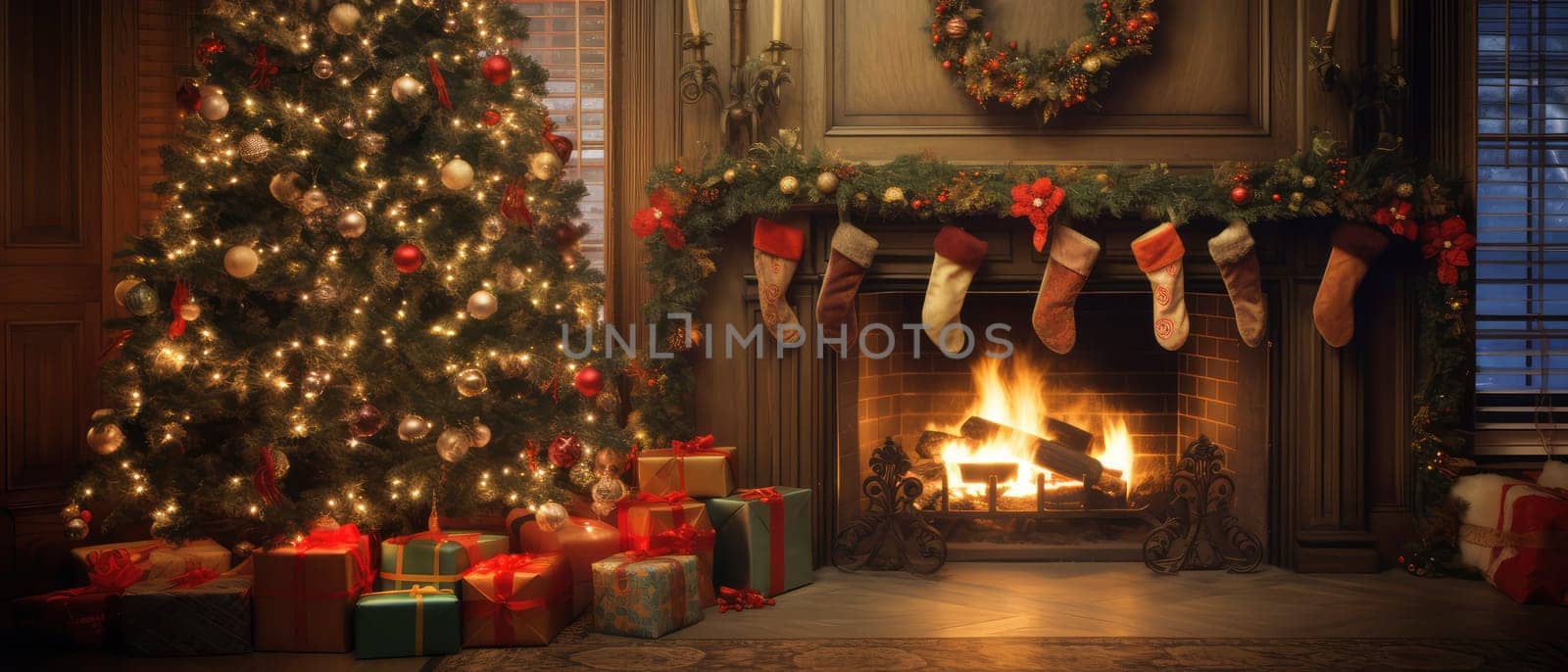 A cozy fireplace adorned with Christmas stockings and surrounded by presents, creating a warm and joyful holiday atmosphere.