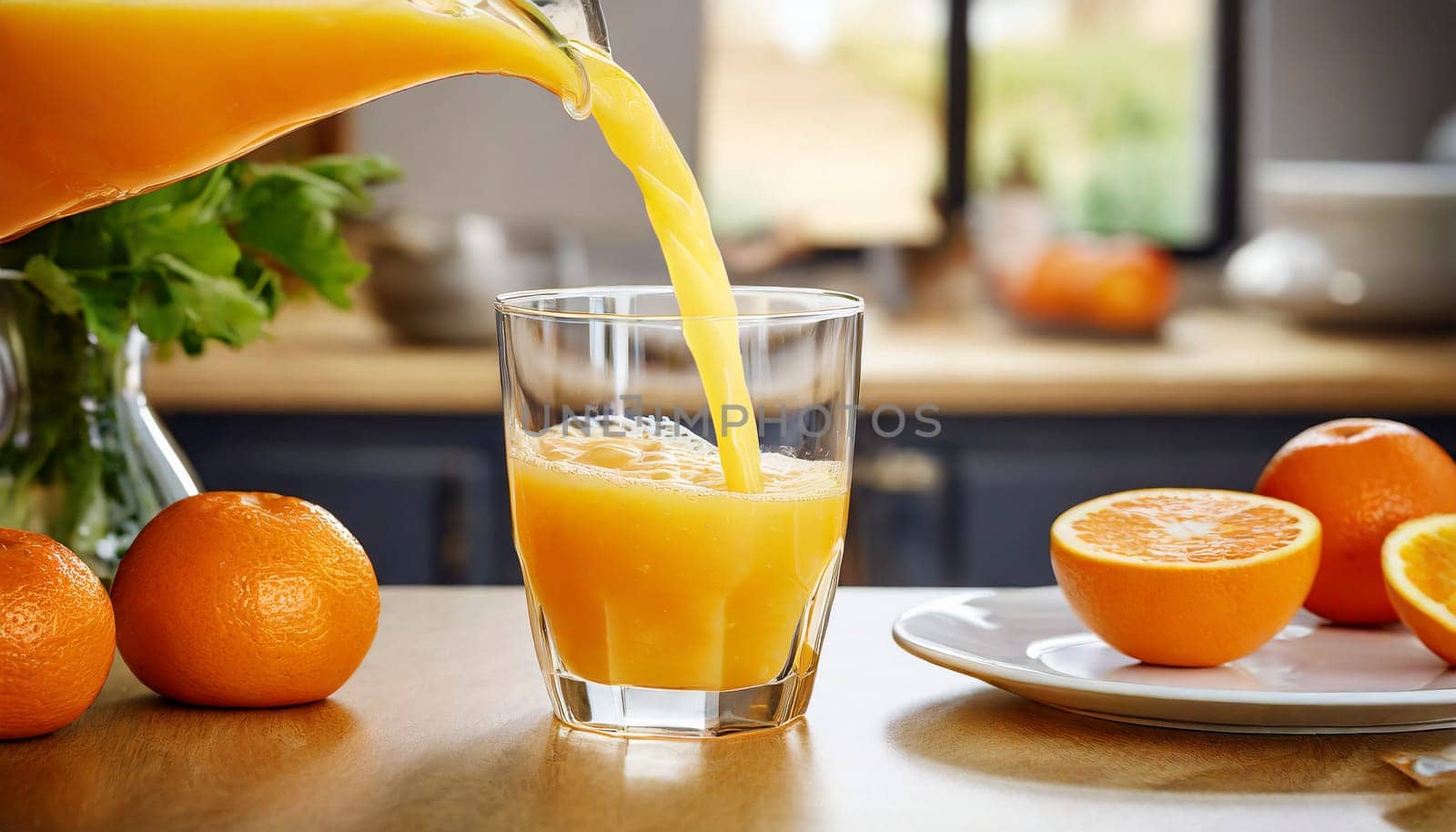 Pouring fresh orange juice into a glass with fresh fruits in background. AI generated