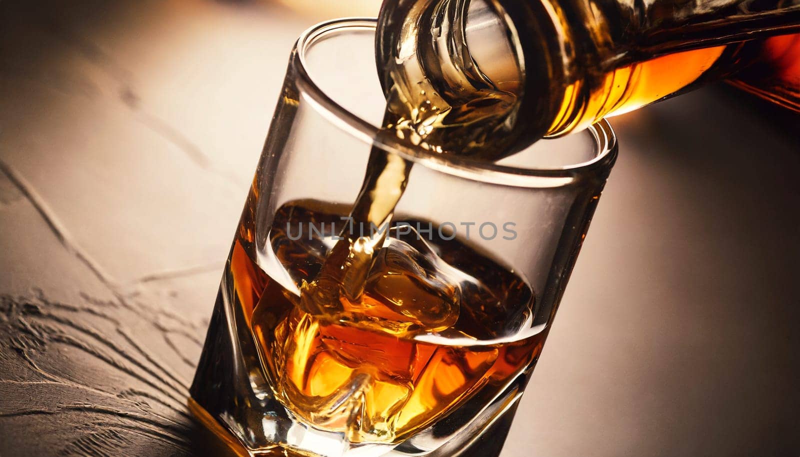 Pouring whiskey from bottle into glass on bar counter. AI generated