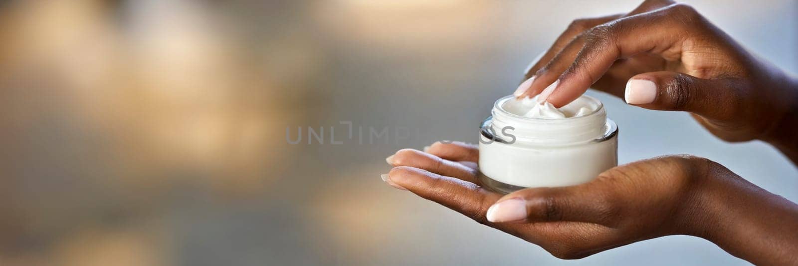Woman holding jar of moisturizing face cream, closeup. Beauty treatment concept. AI generated