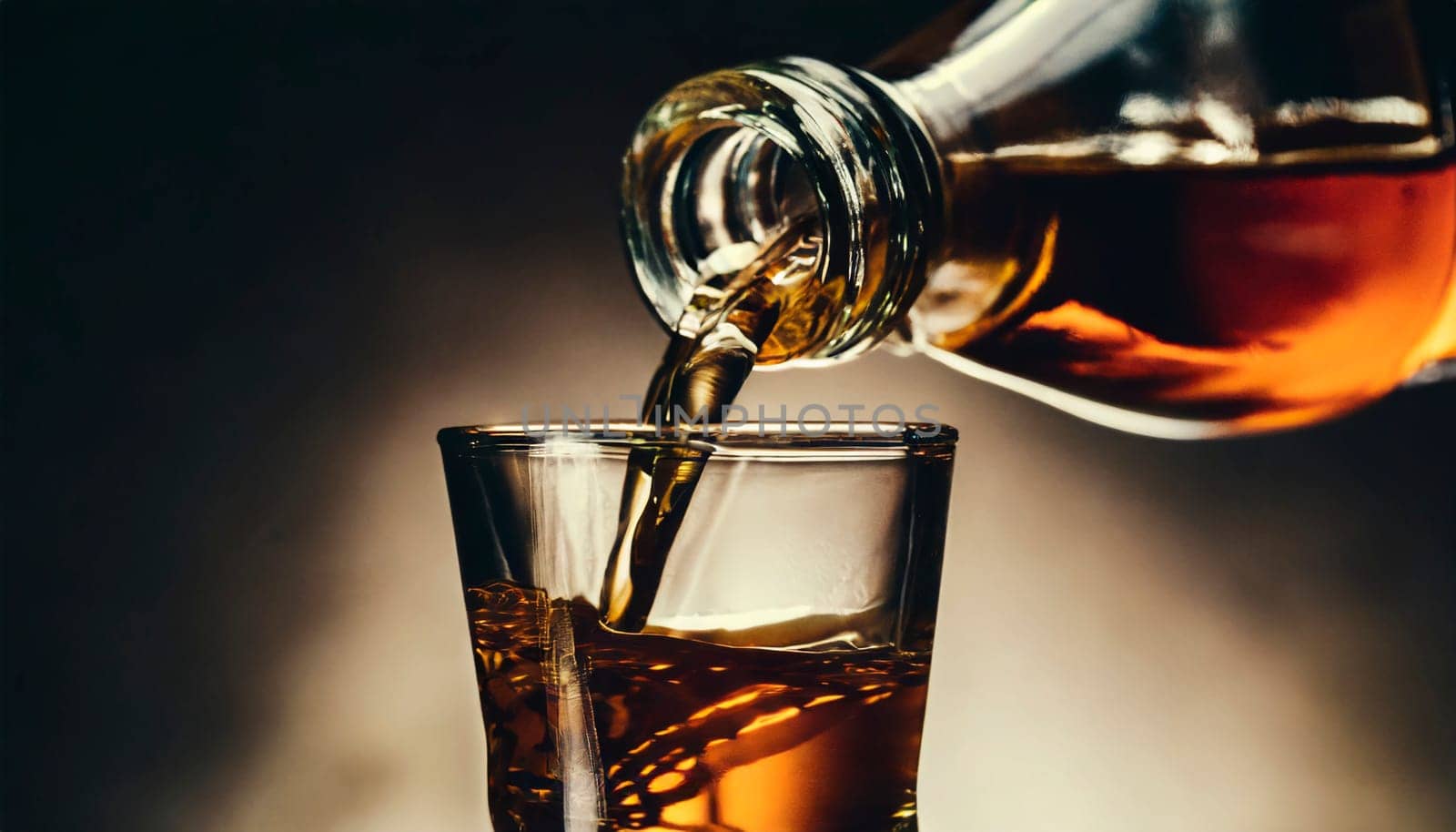 Pouring whiskey from bottle into glass on bar counter. AI generated