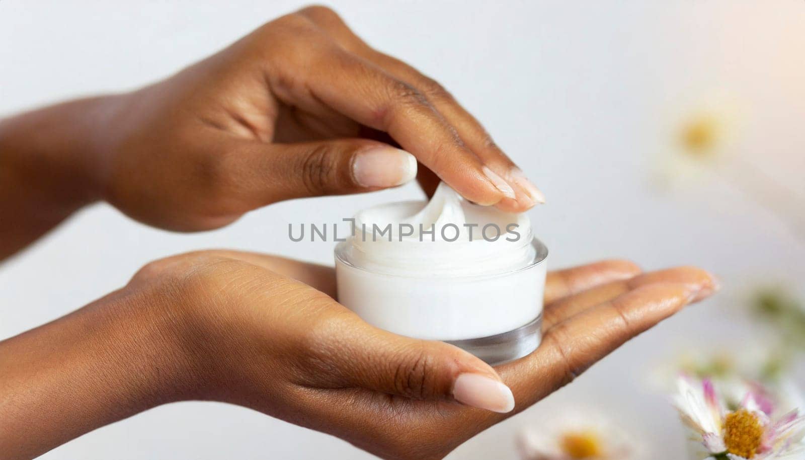 Woman holding jar of moisturizing face cream, closeup. Beauty treatment concept. AI generated